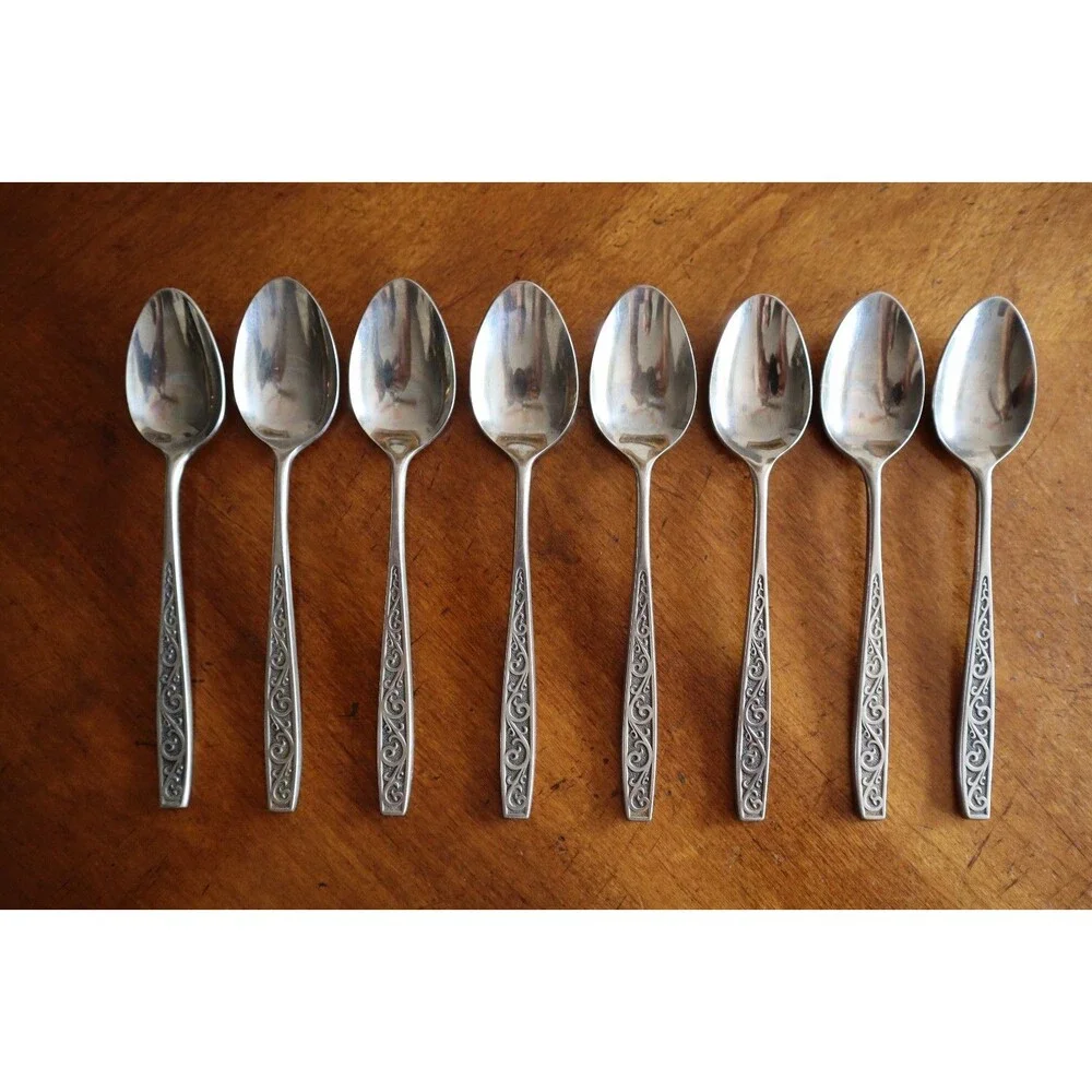 Lot 8x Imperial International IIC DAVOS Stainless Black Floral Teaspoon 6.4